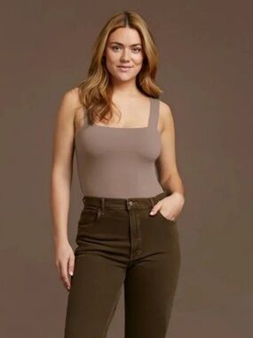Nuuds Brown Mocha Earth Tone Square Neck Sleeveless Tank Thong Bodysuit